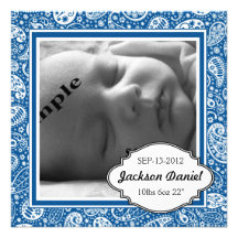 Blue Country Paisley Photo Birth and Baby Shower Custom Invitation