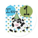 Blue Cow 1st Birthday Tshirts and Gifts Round Stickers
