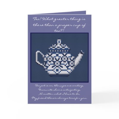 Blue cross stitch tea pot Japanese Proverb design Greeting Card by dequilla