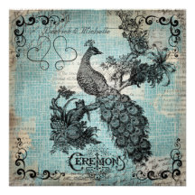 Blue Crosshatched Peacock Wedding Invitation