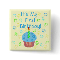 Blue Cupcake with Candle First Birthday Button