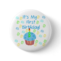 Blue Cupcake with Candle First Birthday Button