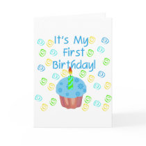 Blue Cupcake with Candle First Birthday Greeting Cards