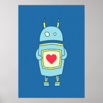 Blue Cute Clumsy Robot With Heart posters