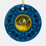BLUE DAHLIA YELLOW TOPAZ MONOGRAM CHRISTMAS TREE ORNAMENT