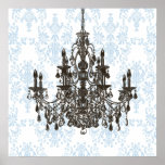 Blue Damask Chandelier Wall Art Print