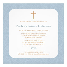 Blue Damask & Cross Baptism Invitations