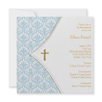 Blue Damask Cross Boy Baptism Christening Personalised Invites