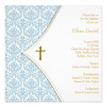 Blue Damask Cross Boy Baptism Christening Personalised Invites