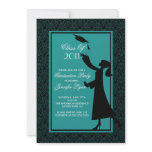 Blue Damask Graduation Invitation Silhouette Grad