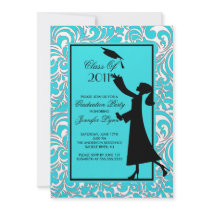 Blue Damask Graduation Invitation Silhouette Grad