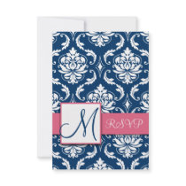 Blue Damask Initial RSVP Cards for Square Invites