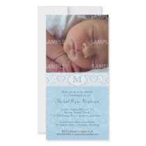 Blue Damask Monogram Baptism/Christening Photo Card