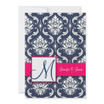 Blue Damask Monogram Invitations Pink 5 x 7
