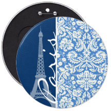 Blue Damask; Paris Pinback Button