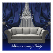 Blue Damask Sofa Chandelier Housewarming Party Personalized Announcements