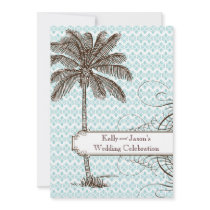 Blue Damask Tropical Palm Wedding Invitation
