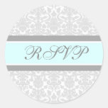 Blue Damask Wedding RSVP Envelope Seals Round Sticker