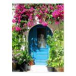 Blue door framed with beautiful bougainvillea postcards