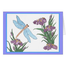 Blue dragonfly and iris greeting card