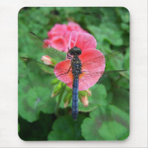 Blue dragonfly on pink flower green background mouse pad