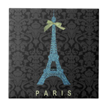 Blue Eiffel Tower in faux glitter Ceramic Tile