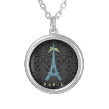 Blue Eiffel Tower in faux glitter Personalised Necklace