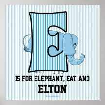 Blue Elephant Monogrammed "E" Baby Room Poster