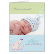 Blue Elephants Baby Boy Photo Birth Announcements Greeting Card