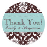 Blue Espresso Damask Wedding Thank You Stickers