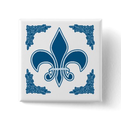 Blue Fleur de Lis with Ornate Border Buttons by FrenchBaby