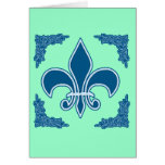 Blue Fleur de Lis with Ornate Border Greeting Card