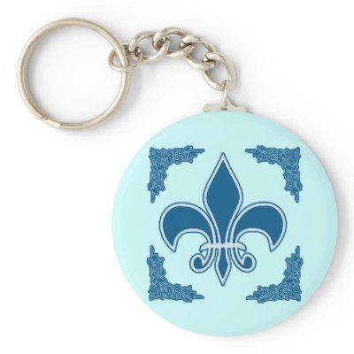 Blue Fleur de Lis with Ornate Border Keychain by FrenchBaby