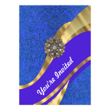 Blue floral damask & gold ribbon personalised invites
