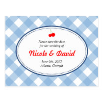 Blue gingham country rustic cherry save the date postcards