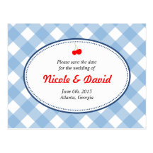 Blue gingham country rustic cherry save the date post card