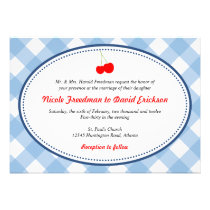 Blue gingham country rustic red cherry wedding invitations