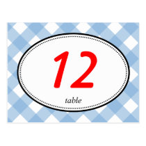 Blue gingham country rustic wedding table number postcards