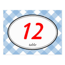 Blue gingham country rustic wedding table number postcards