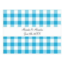 Blue gingham pattern wedding favours postcard