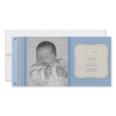 Blue Gingham Vintage Birth Announcement Customized Photo Card by artladymanor