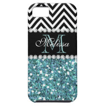 BLUE GLITTER BLACK CHEVRON MONOGRAMMED iPhone 5 COVERS