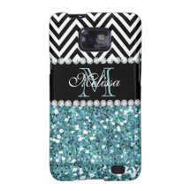 BLUE GLITTER BLACK CHEVRON MONOGRAMMED SAMSUNG GALAXY SII CASES