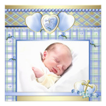 Blue Gold Cross Blue Baby Boy Photo Christening Invitation