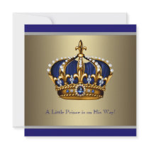 Blue Gold Crown Little Prince Boy Baby Shower Personalised Announcements