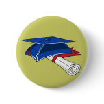 Blue graduation hat with a scroll and a red band