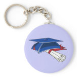 Blue graduation hat with a scroll and a red band