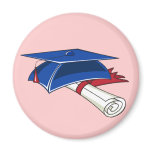 Blue graduation hat with a scroll and a red band