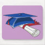 Blue graduation hat with a scroll and a red band