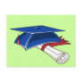 Blue graduation hat with a scroll and a red band